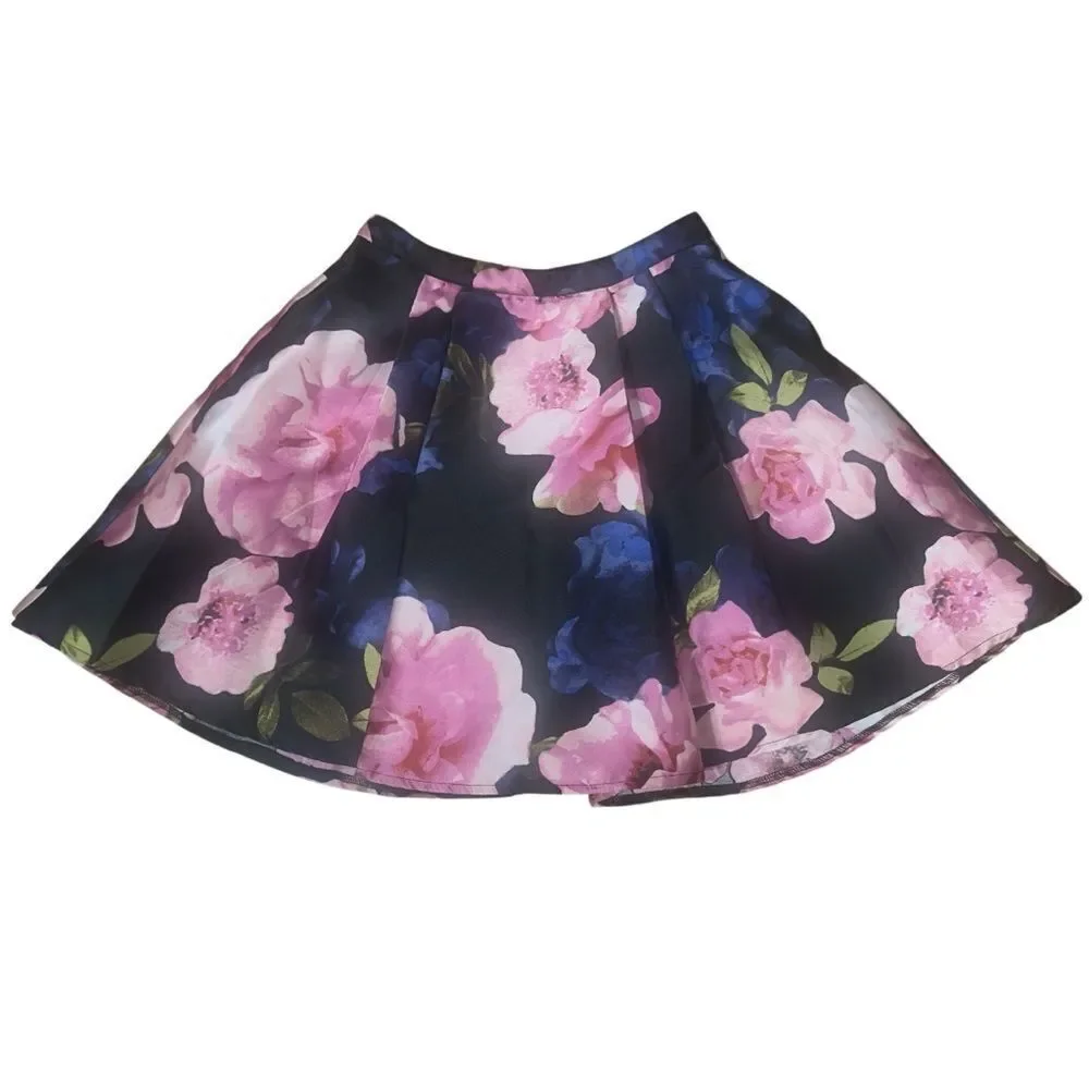 B. Darlin Floral Fit & Flare Skater Skirt Women’s Size 1/2 Black Pink Blue Roses
